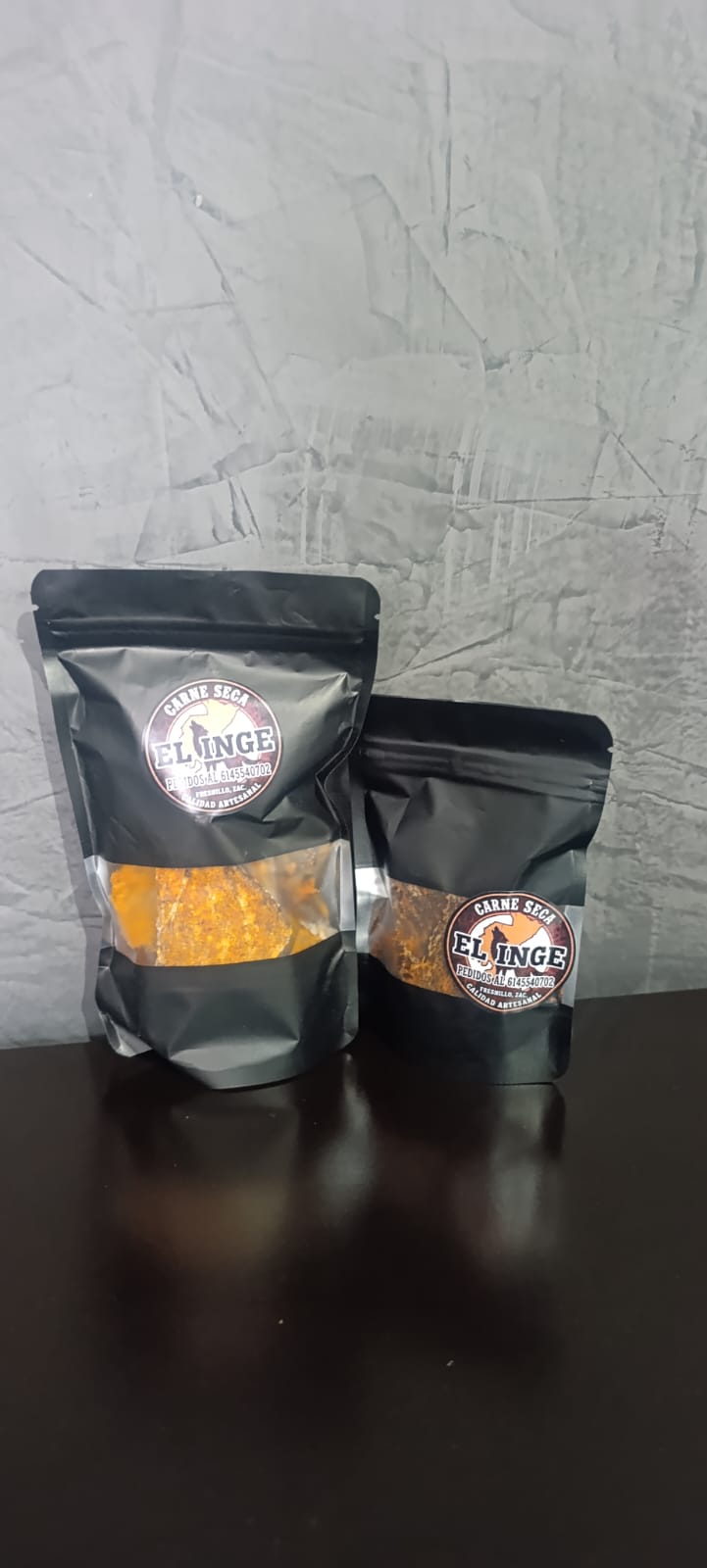 Carne Seca El Inge en presentaciones de 100 g y 50 g, 100% res, hecha a mano en Fresnillo, Zacatecas